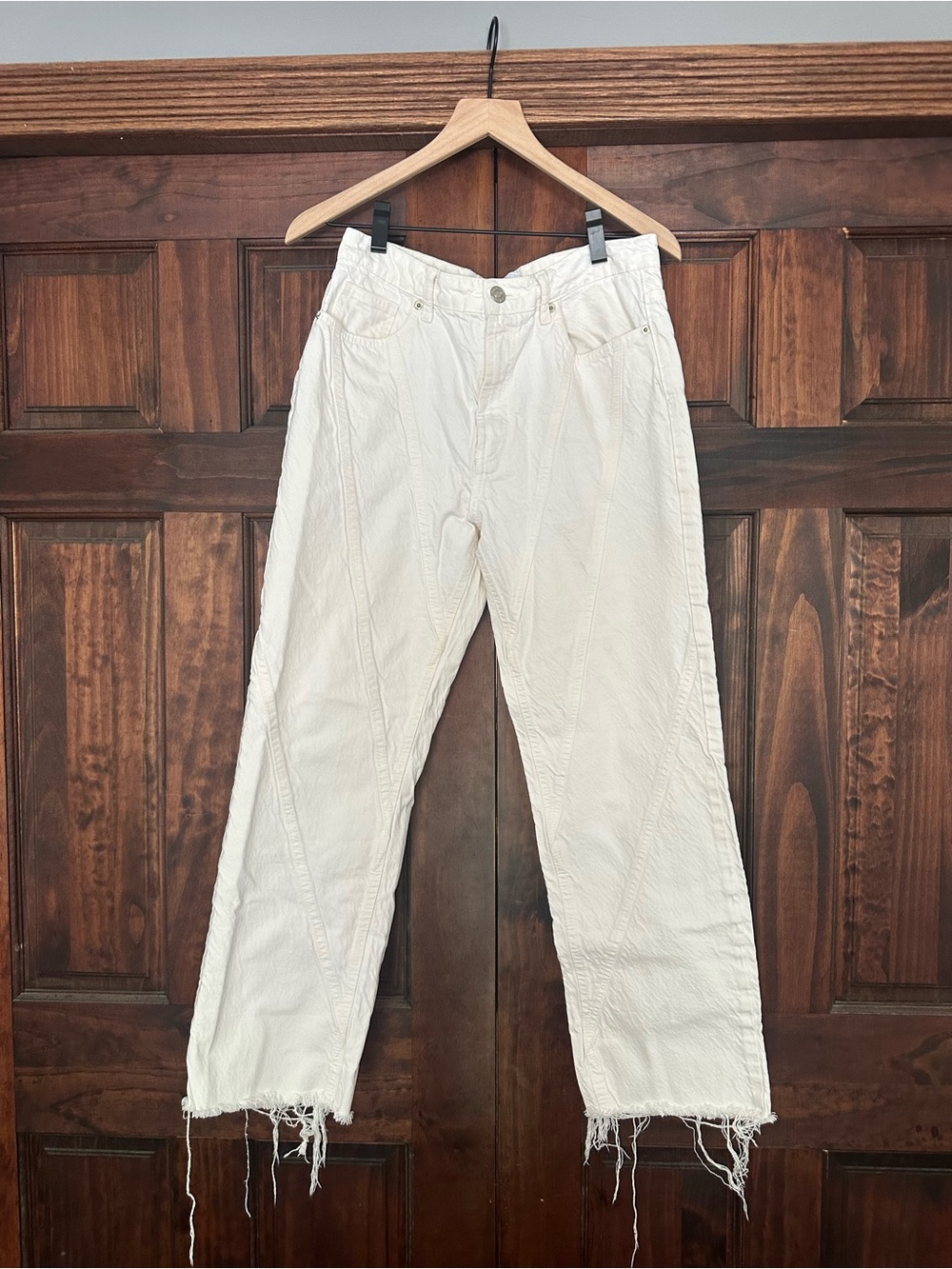 Zara White Distressed Straight-Leg Jeans